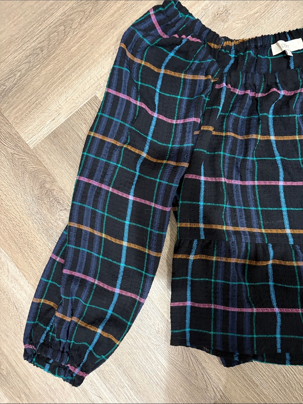 LOFT Black Navy Plaid Off Shoulder Peplum Long Sleeve Blouse Large - Picture 4 of 6